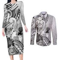 Aotearoa Maori Wahine Couples Matching Long Sleeve Bodycon Dress and Long Sleeve Button Shirt Fantail Bird Black Gold Marble