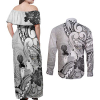 Aotearoa Maori Wahine Couples Matching Off Shoulder Maxi Dress and Long Sleeve Button Shirt Fantail Bird Black Gold Marble