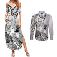 Aotearoa Maori Wahine Couples Matching Summer Maxi Dress and Long Sleeve Button Shirt Fantail Bird Black Gold Marble