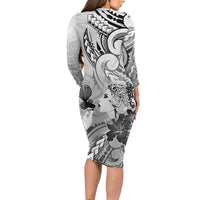 Aotearoa Maori Wahine Family Matching Long Sleeve Bodycon Dress and Hawaiian Shirt Fantail Bird Black Gold Marble