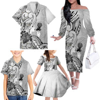 Aotearoa Maori Wahine Family Matching Off The Shoulder Long Sleeve Dress and Hawaiian Shirt Fantail Bird Black Gold Marble