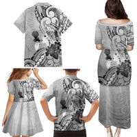 Aotearoa Maori Wahine Family Matching Puletasi and Hawaiian Shirt Fantail Bird Black Gold Marble