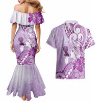 Aotearoa Maori Wahine Couples Matching Mermaid Dress and Hawaiian Shirt Fantail Bird Purple Gold Marble