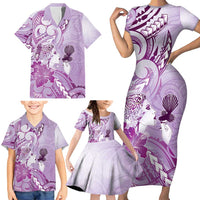 Aotearoa Maori Wahine Family Matching Short Sleeve Bodycon Dress and Hawaiian Shirt Fantail Bird Purple Gold Marble