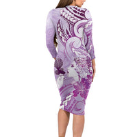 Aotearoa Maori Wahine Long Sleeve Bodycon Dress Fantail Bird Purple Gold Marble