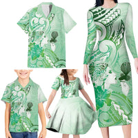 Aotearoa Maori Wahine Family Matching Long Sleeve Bodycon Dress and Hawaiian Shirt Fantail Bird Green Gold Marble