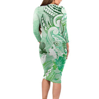 Aotearoa Maori Wahine Family Matching Long Sleeve Bodycon Dress and Hawaiian Shirt Fantail Bird Green Gold Marble