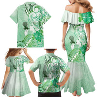Aotearoa Maori Wahine Family Matching Mermaid Dress and Hawaiian Shirt Fantail Bird Green Gold Marble