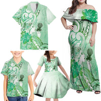 Aotearoa Maori Wahine Family Matching Off Shoulder Maxi Dress and Hawaiian Shirt Fantail Bird Green Gold Marble