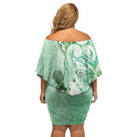 Aotearoa Maori Wahine Family Matching Off Shoulder Short Dress and Hawaiian Shirt Fantail Bird Green Gold Marble