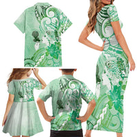 Aotearoa Maori Wahine Family Matching Short Sleeve Bodycon Dress and Hawaiian Shirt Fantail Bird Green Gold Marble