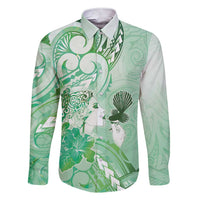 Aotearoa Maori Wahine Family Matching Short Sleeve Bodycon Dress and Hawaiian Shirt Fantail Bird Green Gold Marble