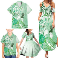 Aotearoa Maori Wahine Family Matching Summer Maxi Dress and Hawaiian Shirt Fantail Bird Green Gold Marble