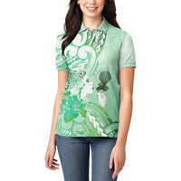 Aotearoa Maori Wahine Women Polo Shirt Fantail Bird Green Gold Marble