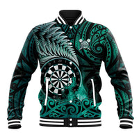 Personalised New Zealand Darts Baseball Jacket Maori Koru Dartboard Turquoise Flame LT05 Unisex Turquoise - Polynesian Pride