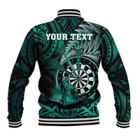 Personalised New Zealand Darts Baseball Jacket Maori Koru Dartboard Turquoise Flame LT05 - Polynesian Pride