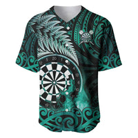 Personalised New Zealand Darts Baseball Jersey Maori Koru Dartboard Turquoise Flame