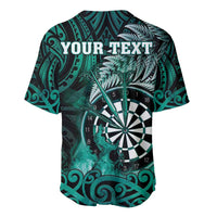 Personalised New Zealand Darts Baseball Jersey Maori Koru Dartboard Turquoise Flame