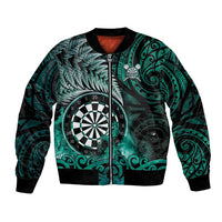 Personalised New Zealand Darts Bomber Jacket Maori Koru Dartboard Turquoise Flame