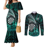 Personalised New Zealand Darts Couples Matching Mermaid Dress and Long Sleeve Button Shirt Maori Koru Dartboard Turquoise Flame