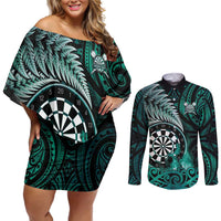 Personalised New Zealand Darts Couples Matching Off Shoulder Short Dress and Long Sleeve Button Shirt Maori Koru Dartboard Turquoise Flame