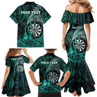 Personalised New Zealand Darts Family Matching Mermaid Dress and Hawaiian Shirt Maori Koru Dartboard Turquoise Flame