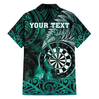 Personalised New Zealand Darts Family Matching Off The Shoulder Long Sleeve Dress and Hawaiian Shirt Maori Koru Dartboard Turquoise Flame