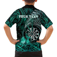 Personalised New Zealand Darts Family Matching Off Shoulder Maxi Dress and Hawaiian Shirt Maori Koru Dartboard Turquoise Flame