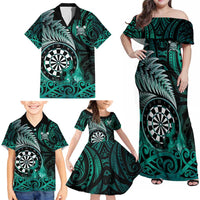 Personalised New Zealand Darts Family Matching Off Shoulder Maxi Dress and Hawaiian Shirt Maori Koru Dartboard Turquoise Flame