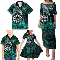 Personalised New Zealand Darts Family Matching Puletasi and Hawaiian Shirt Maori Koru Dartboard Turquoise Flame