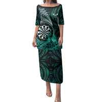 Personalised New Zealand Darts Family Matching Puletasi and Hawaiian Shirt Maori Koru Dartboard Turquoise Flame