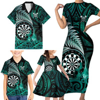 Personalised New Zealand Darts Family Matching Short Sleeve Bodycon Dress and Hawaiian Shirt Maori Koru Dartboard Turquoise Flame