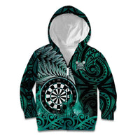 Personalised New Zealand Darts Kid Hoodie Maori Koru Dartboard Turquoise Flame