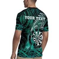 Personalised New Zealand Darts Rugby Jersey Maori Koru Dartboard Turquoise Flame