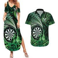 Personalised New Zealand Darts Couples Matching Summer Maxi Dress and Hawaiian Shirt Maori Koru Dartboard Green Flame