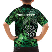 Personalised New Zealand Darts Family Matching Off Shoulder Maxi Dress and Hawaiian Shirt Maori Koru Dartboard Green Flame