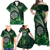 Personalised New Zealand Darts Family Matching Off Shoulder Maxi Dress and Hawaiian Shirt Maori Koru Dartboard Green Flame