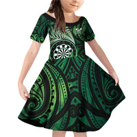 Personalised New Zealand Darts Family Matching Off Shoulder Short Dress and Hawaiian Shirt Maori Koru Dartboard Green Flame