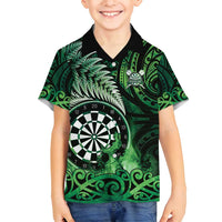 Personalised New Zealand Darts Family Matching Off Shoulder Short Dress and Hawaiian Shirt Maori Koru Dartboard Green Flame