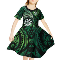 Personalised New Zealand Darts Kid Short Sleeve Dress Maori Koru Dartboard Green Flame