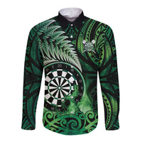 Personalised New Zealand Darts Long Sleeve Button Shirt Maori Koru Dartboard Green Flame