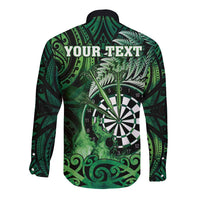 Personalised New Zealand Darts Long Sleeve Button Shirt Maori Koru Dartboard Green Flame