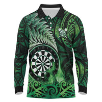 Personalised New Zealand Darts Long Sleeve Polo Shirt Maori Koru Dartboard Green Flame
