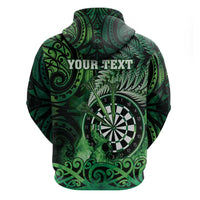 Personalised New Zealand Darts Zip Hoodie Maori Koru Dartboard Green Flame