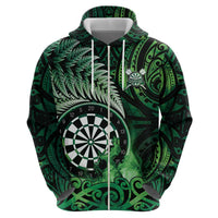 Personalised New Zealand Darts Zip Hoodie Maori Koru Dartboard Green Flame