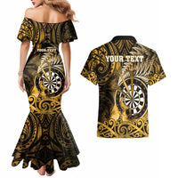 Personalised New Zealand Darts Couples Matching Mermaid Dress and Hawaiian Shirt Maori Koru Dartboard Gold Flame