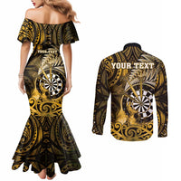 Personalised New Zealand Darts Couples Matching Mermaid Dress and Long Sleeve Button Shirt Maori Koru Dartboard Gold Flame