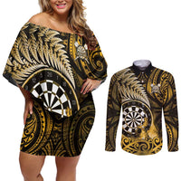 Personalised New Zealand Darts Couples Matching Off Shoulder Short Dress and Long Sleeve Button Shirt Maori Koru Dartboard Gold Flame