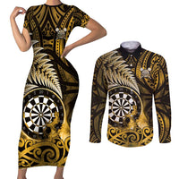 Personalised New Zealand Darts Couples Matching Short Sleeve Bodycon Dress and Long Sleeve Button Shirt Maori Koru Dartboard Gold Flame