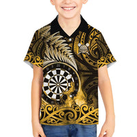 Personalised New Zealand Darts Family Matching Long Sleeve Bodycon Dress and Hawaiian Shirt Maori Koru Dartboard Gold Flame